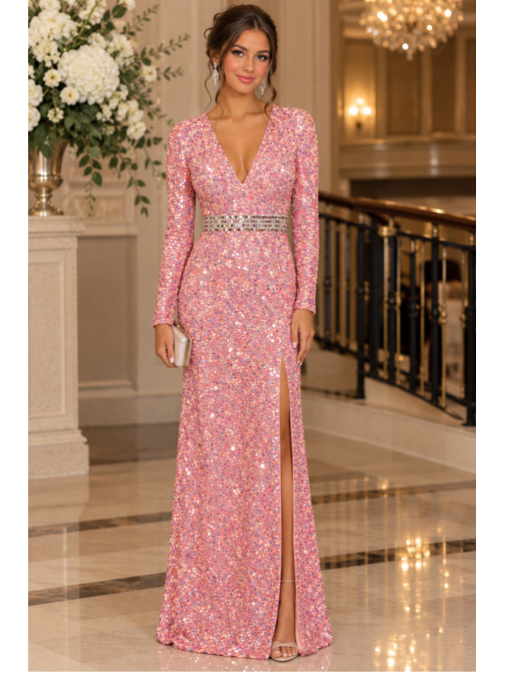 Women's Primavera Couture Sequin Prom Dress Size 14 Pink Silver